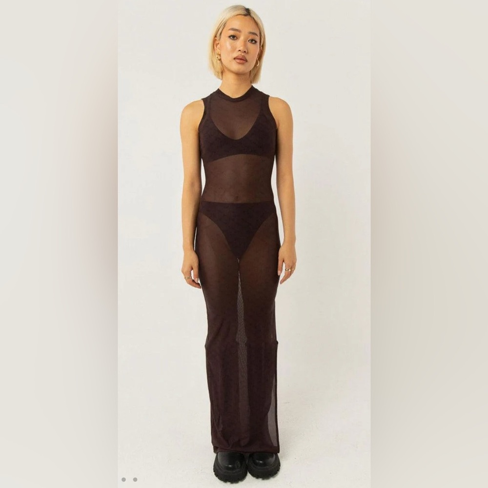 Peppermayo Brown w/ Black Signature Logo Sheer Maxi Sleeveless Dress Size 8